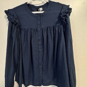 H&M Navy Gingham Ruffle Shoulder Button-Up Blouse XL